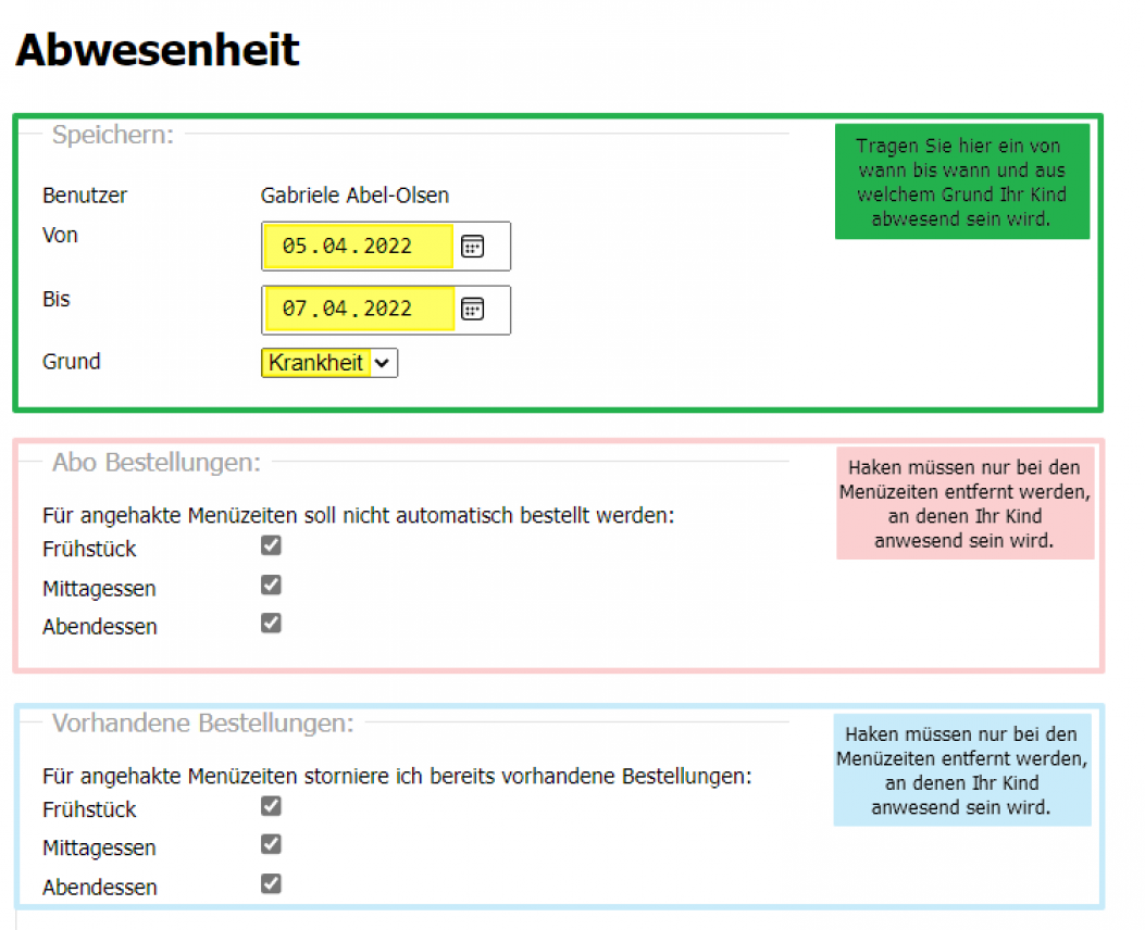 eintrag abwesenheit